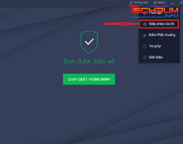 Bước 1: Trên màn hình làm việc của avast premier, bạn nhìn ở góc bên phải màn hình sẽ thấy nút Menu, chọn Menu sau đó chọn Giấy phép của tôi