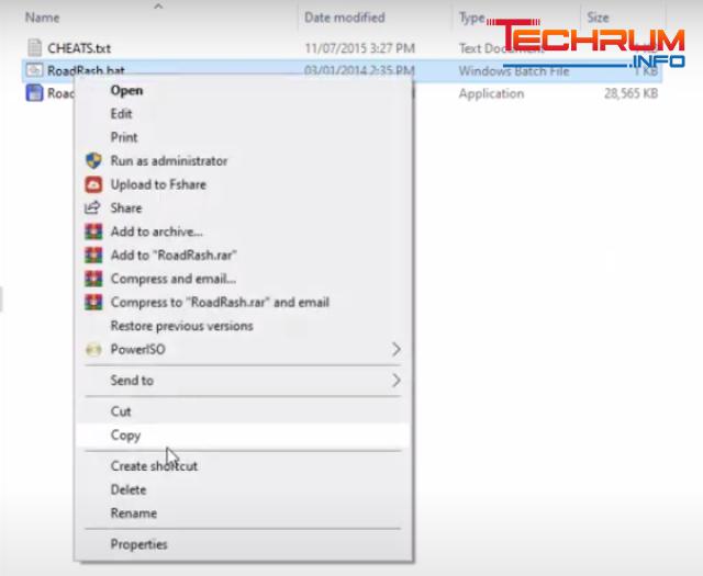 Bước 7: Nhấp đúp chuột phải vào file Roadrash.bat, chọn Copy.