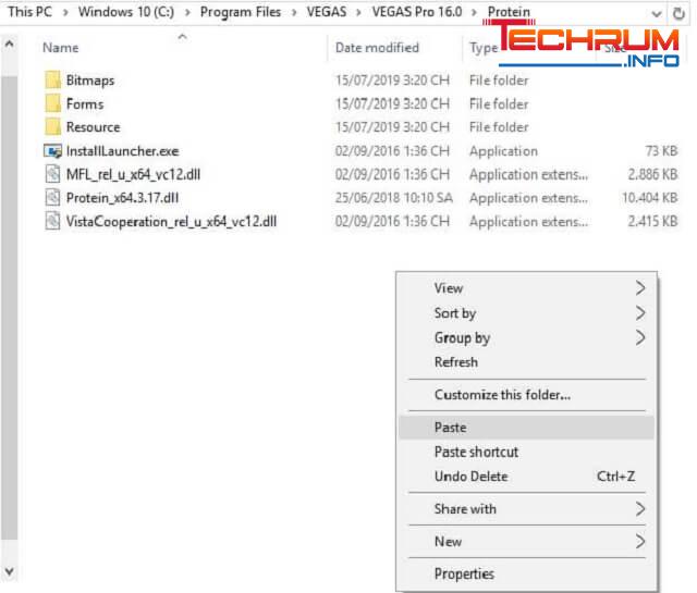 Kế đến truy cập vào đường dẫn : “C:\Program Files\VEGAS\VEGAS Pro 16.0\Protein” rồi sau đó nhấp chuột phải “Paste” file Protein vào.