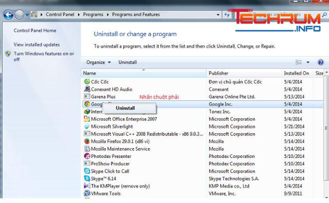 Gỡ bỏ phần mềm từ Control Panel