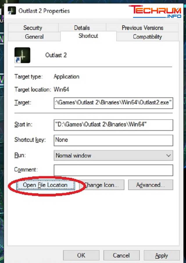 nhấp chuột phải vào icon Outlast 2  để tìm thư mục game và thực hiện click vào Open File Location !