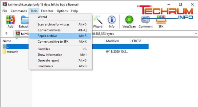 Bước 2: Vào tools chọn Repair archive