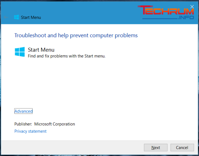 Start Menu Troubleshoot