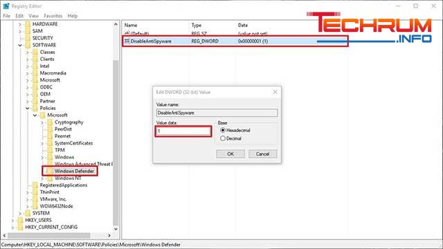 tắt window defender trong win 10 bằng Registry