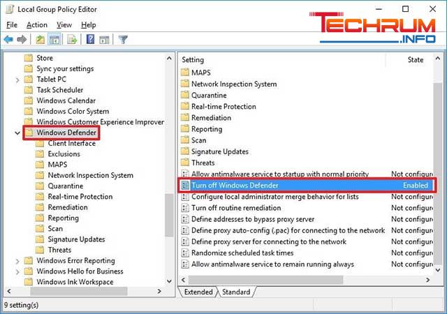 tắt window defender trong win 10 bằng local group policy