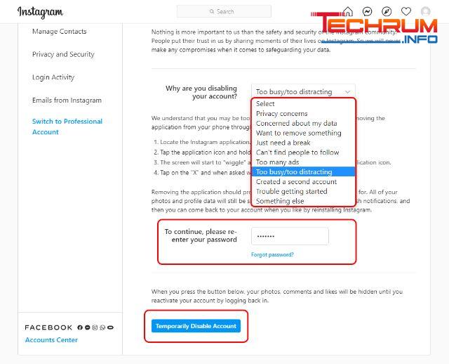 vô hiệu hóa Instagram tạm thời trên PC bước 5