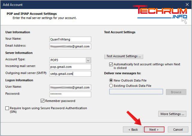 Cách thêm tài khoản Gmail vào Outlook bằng POP bước 10