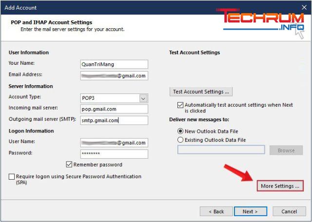 Cách thêm tài khoản Gmail vào Outlook bằng POP bước 6