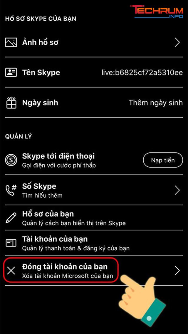 Cách xóa tài khoản Skype vĩnh viễn trên điện thoại bước 4