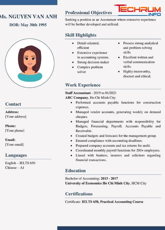 Mẫu CV tiếng Anh kế toán