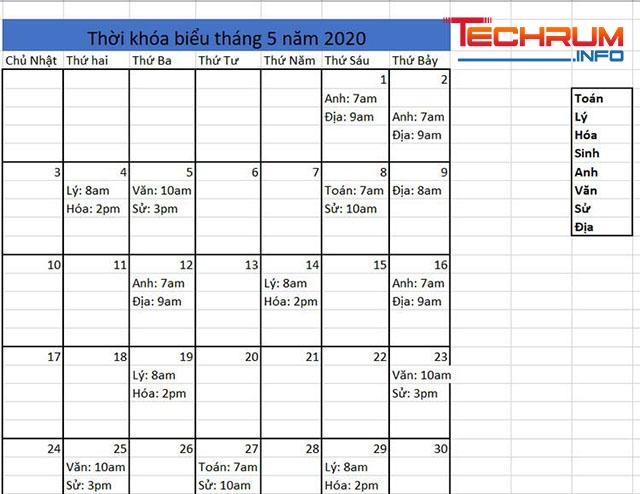 Cách tạo thời khóa biểu online bằng excel 6