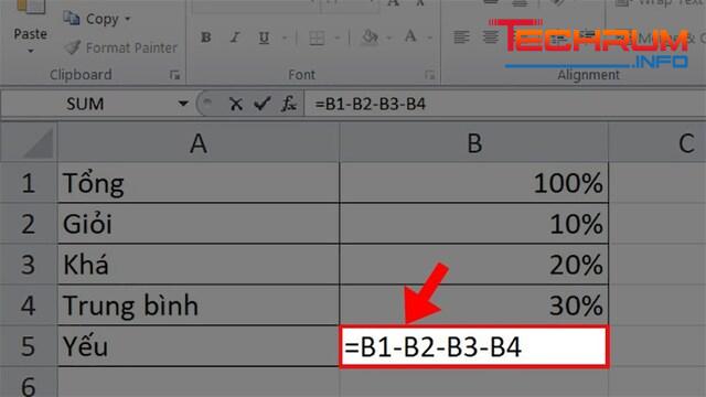 Trừ % trong Excel bằng dấu trừ