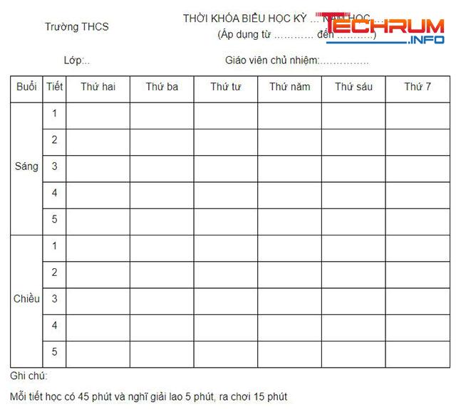 Mẫu thời khóa biểu cho thcs 1