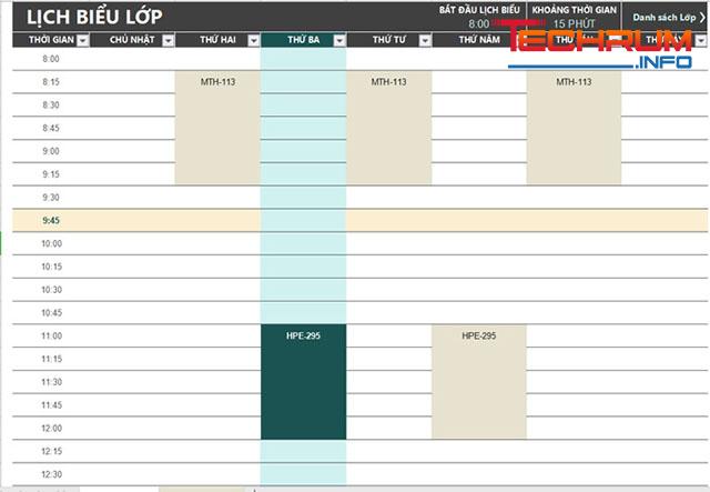 Mẫu thời khóa biểu cho sinh viên 