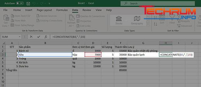 gộp ô trong excel bằng công thức CONCATENATE 2