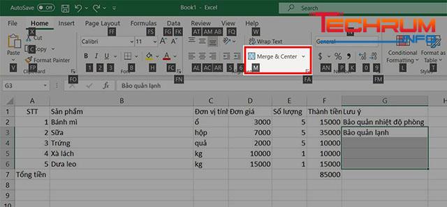 gộp ô trong excel bằng  phím tắt 4