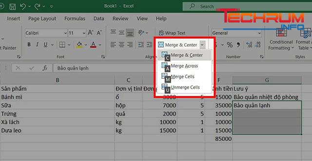 gộp ô trong excel bằng  phím tắt 5