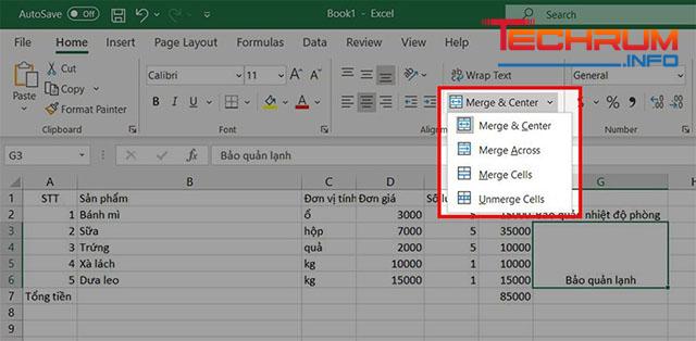 Gộp ô trong excel với Merge Across