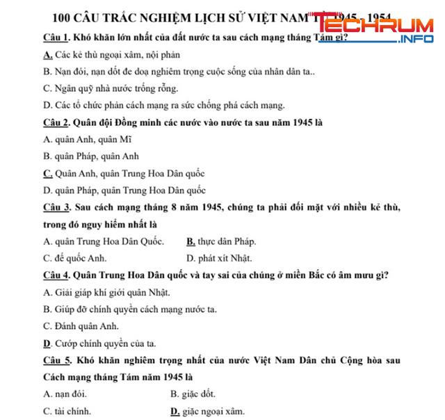 Bộ tài liệu 100 câu hỏi trắc nghiệm lịch sử Việt Nam 1945-1954