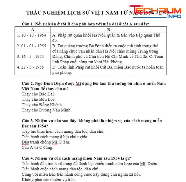 Bộ tài liệu 100 câu hỏi trắc nghiệm lịch sử Việt Nam 1954-1975