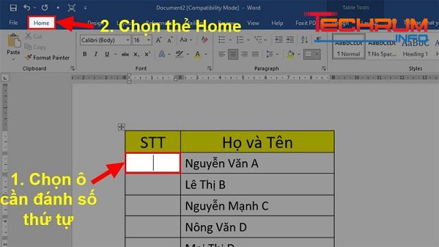 Cách đánh số thứ tự trong Word trên 1 cột 1