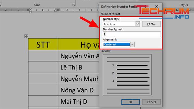 Cách đánh số thứ tự trong Word trên 1 cột 3