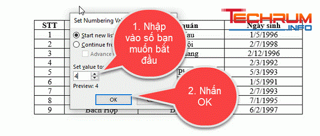 Cách đánh số thứ tự trong Word từ số bất kỳ 4