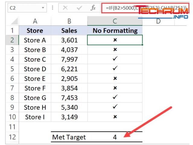 Cách đếm biểu tượng dấu tích trong Excel