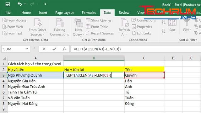 Điền công thức vào cột họ và tên lót