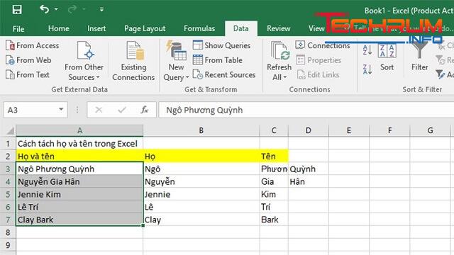 Kết quả quá trình tách tên bằng lệnh Text to Columns 