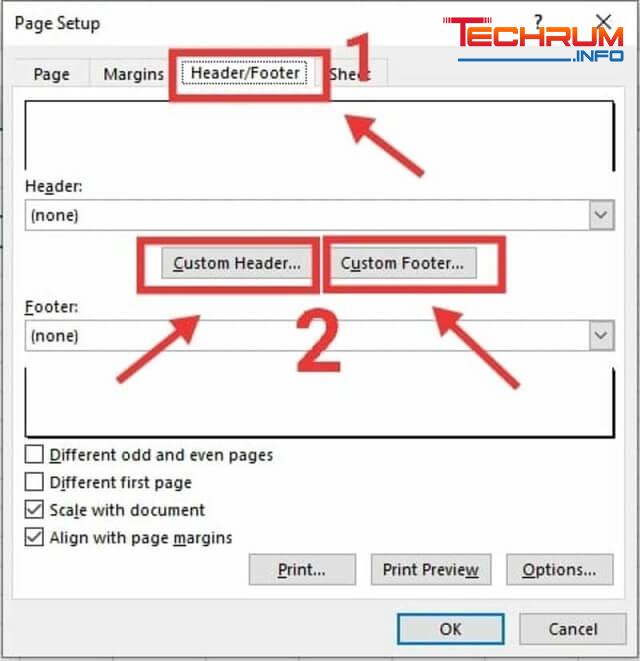 Tại cửa sổ Page Setup thực hiện chọn thẻ Header/Footer