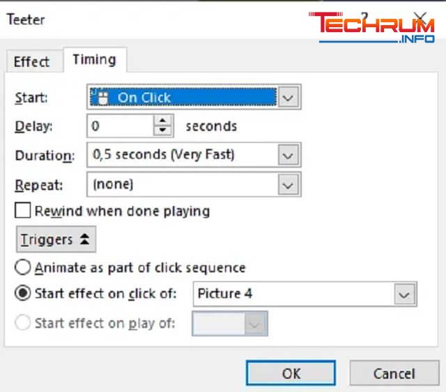 Tích chọn Start effect on click of trong Triggers