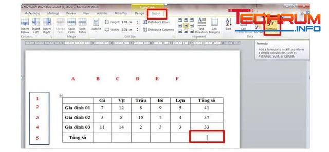 tính tổng trong Word cho nhiều dòng và cột bước 2