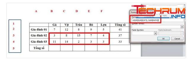tính tổng trong Word cho nhiều dòng và cột bước 3