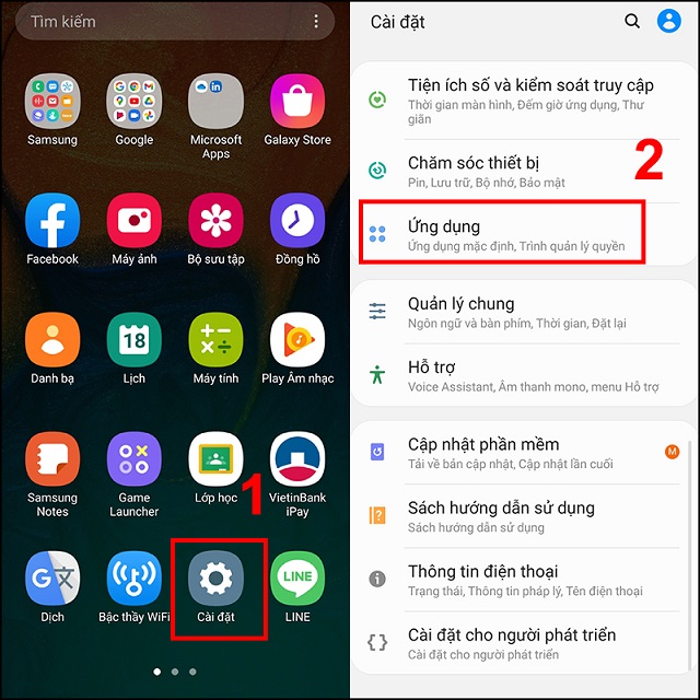 Chọn ứng dụng trong phần cài đặt